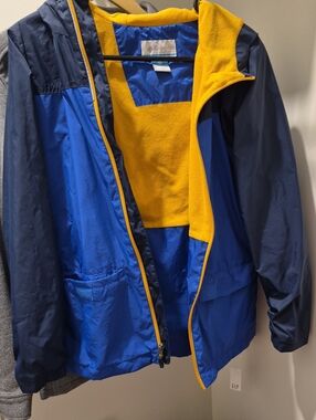 Columbia Kids Blue and Navy Raincoat with Yellow Fleece Lining